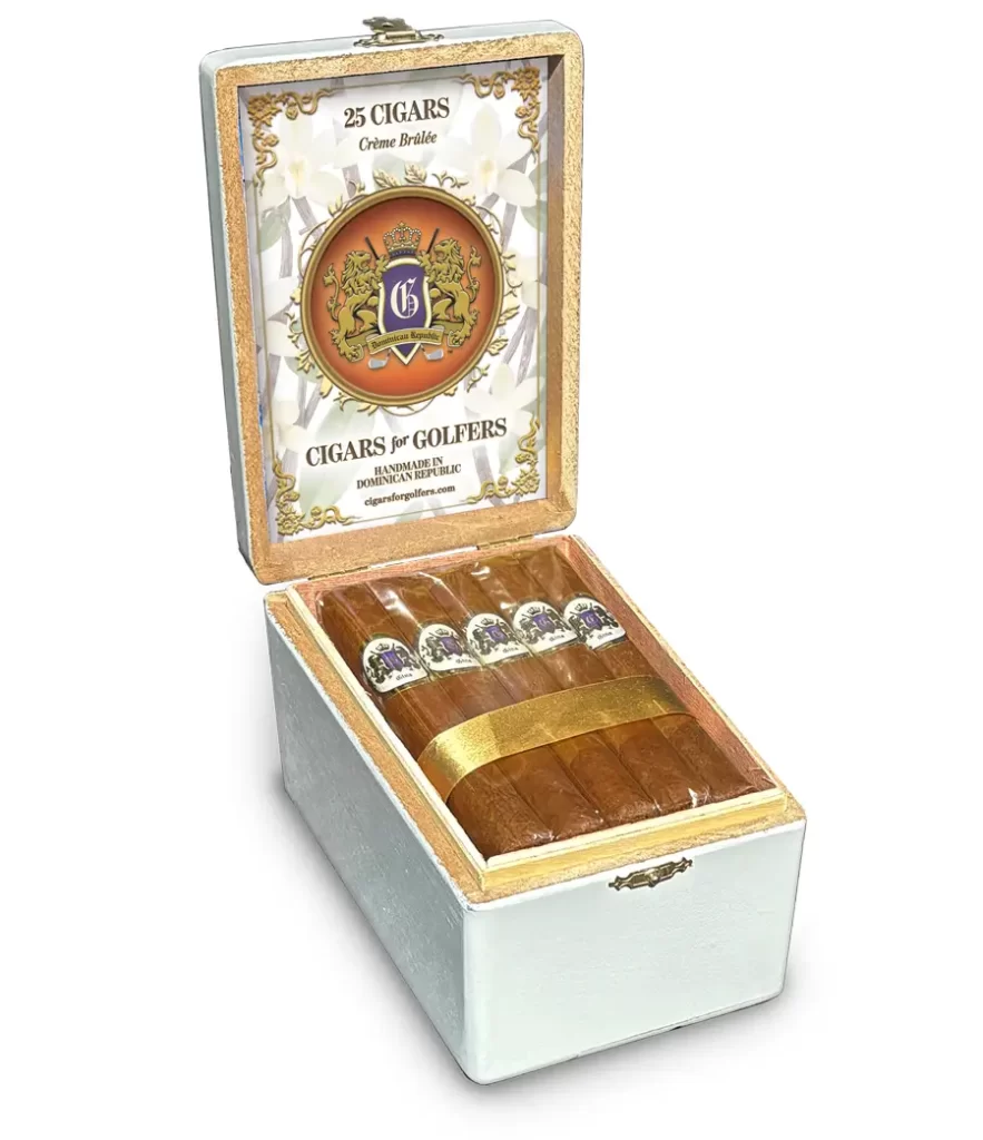 A Spanish Cedar Box of 25 Dominican Creme Brulee Flavored Cigars, great for a gift or auction.
