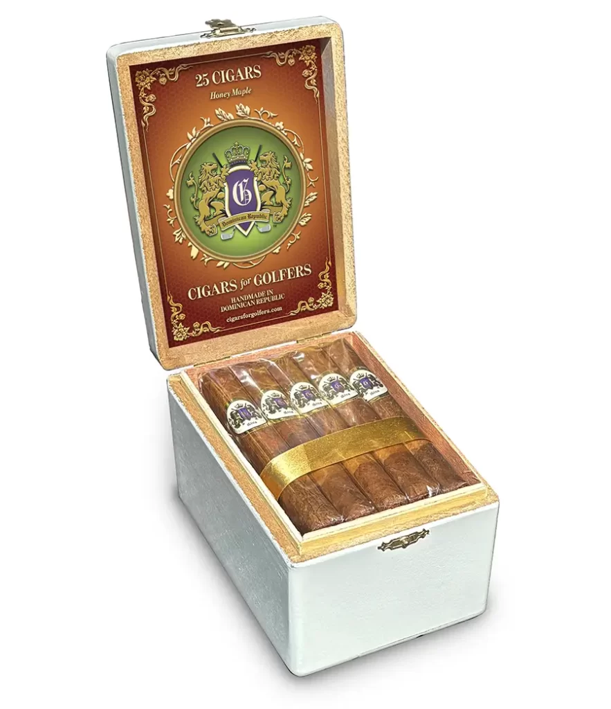 A Spanish Cedar Box of 25 Honey Maple Flavored Dominican Cigars, great for a gift or auction.