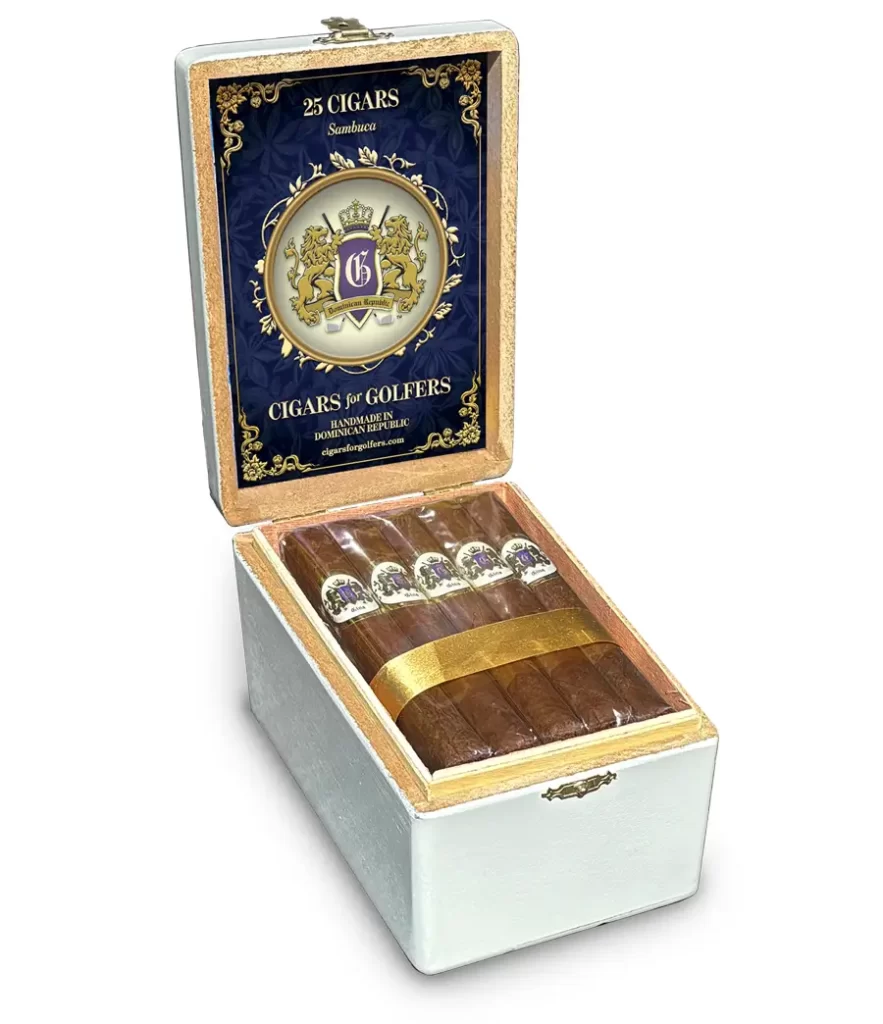 A Spanish Cedar Box of 25 Dominican Sambuca Flavored Cigars, great for a gift or auction.