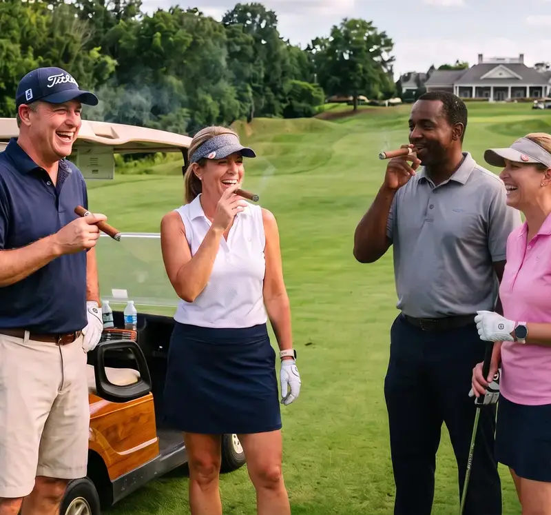 Men and Women Golfers enjoying cigars on the golf course