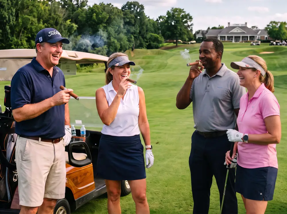 Men and Women Golfers enjoying cigars on the golf course